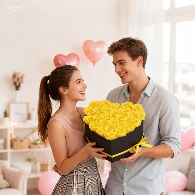 VEVOR Forever Flowers, 27 Preserved Roses in a Heart Shape Box, Eternal Flowers Immortal Bouquet Birthday Present for Women Her Wife Mothers, Anniversary, Valentine's Day,Christmas, Yellow