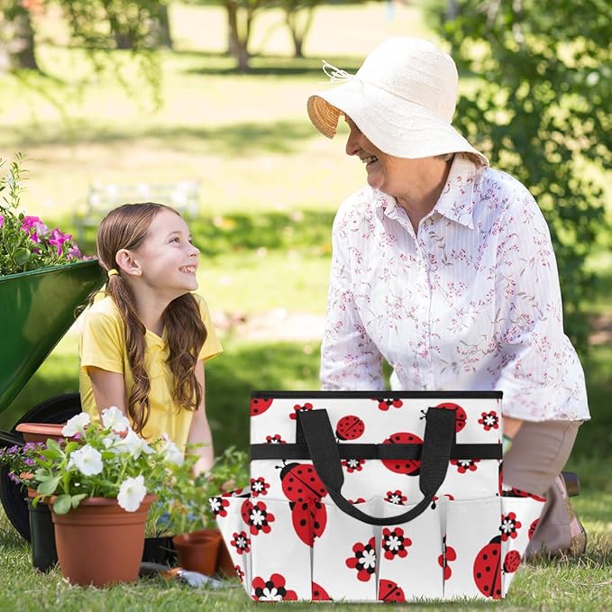 Ladybug Flower Garden Tool Tote Bag for Women Men Gardening Tool Storage Bags with 10 Pockets Standable Garden Home Tool Kits Organizer for Indoor Outdoor Gardening Gifts