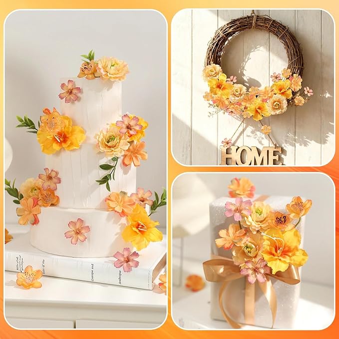 210Pcs Mini Fall Fake Flower Heads Orange Small Silk Faux Flower Heads Artificial Rose Daisy Multicolor Flowers Bulk for Cake Crafts DIY Graduation Cap Wedding Hair Dresses Wreath Party Home Decor