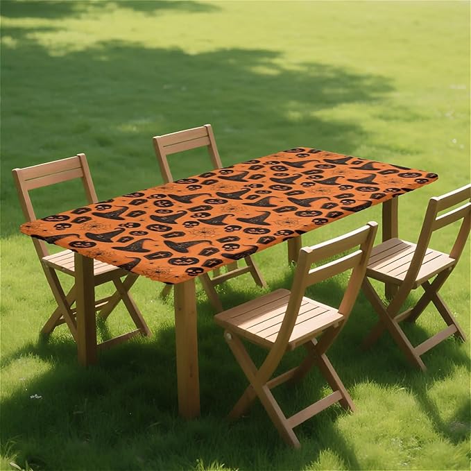 Rectangle Table Cloth Cover Waterproof Elastic Fitted Polyester Fitted Tablecloths for 6 Foot Tables for Indoor,Picnic, Camping, Outdoor （60" x 30"，Halloween Tablecloth）