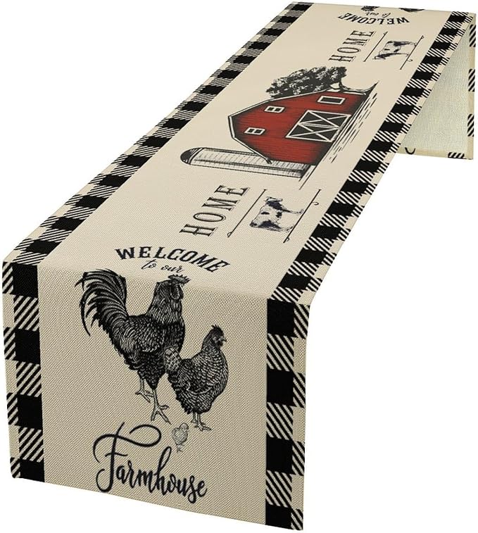 Rustic Farmhouse Table Runner Vintage Western Farm Red Barn Windmill Cabin Country Lodge Dinner Runner for Home Kitchen Dinner Table Party Decoration 13x36in