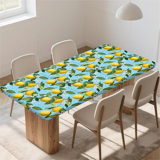 Rectangle Table Cloth Cover Waterproof Elastic Fitted Polyester Fitted Tablecloths for 6 Foot Tables for Indoor,Picnic, Camping, Outdoor （72" x 30"，Lemon）