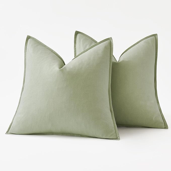 MIULEE Decorative Linen Pillow Covers 18x18 Inch Light Green Boho Farmhouse Neutral Couch Throw Pillows for Bed Pack of 2 Accent Modern Pillowcase Summer Sofa Livingroom Home Decor