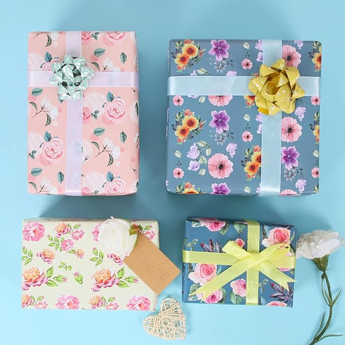 Aimyoo Ivory Floral Wrapping Paper Jumbo Roll 17 in x 60 ft, Vintage Peony Flower Gift Wrap for Wedding Bridal Shower Women Birthday