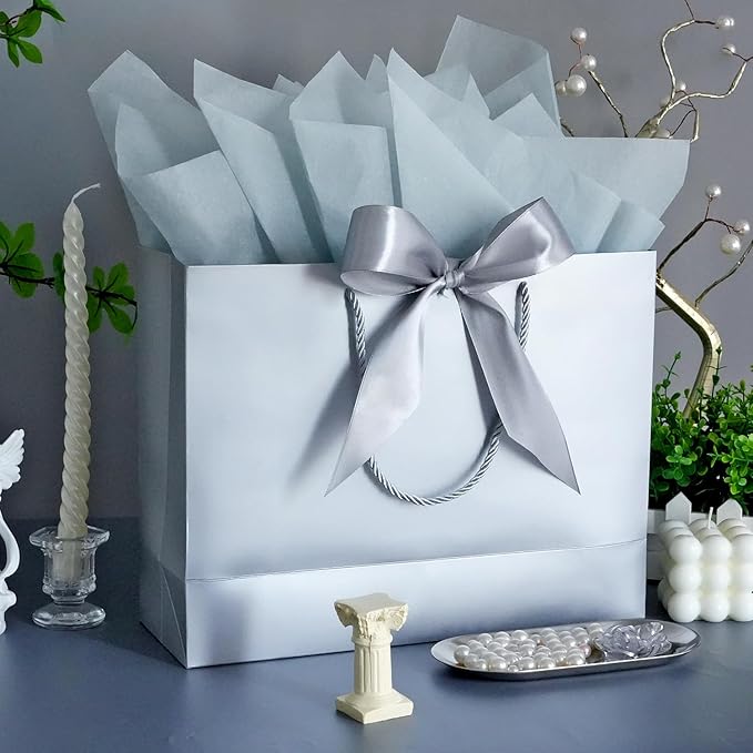 Large Gift Bags, 2PCS Gift Bags with Handle Tissue Paper Greeting Card, 13’’ Portable Birthday Gift Bag Set, Silver Present Bags for Birthday Party Favor Wedding Baby Shower Father’s Day, 13x10x4inch