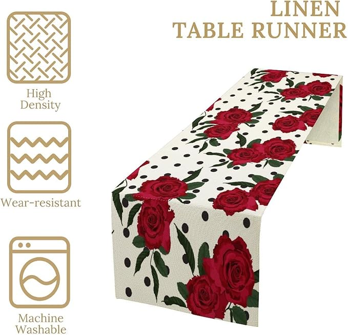 Red Rose Print Table Runner, Romantic Valentines Vintage Rose Spring Summer Dinner Runner Table Decoration for Home Kitchen Dining Holiday Wedding Party 13x36in