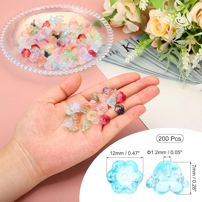 PATIKIL Glass Trumpet Flower Beads, 200 Pcs Gradient Flower Bead Charm for Jewelry Making DIY Craft, Bracelets, Earrings, Necklaces Decorations, Clear Blue