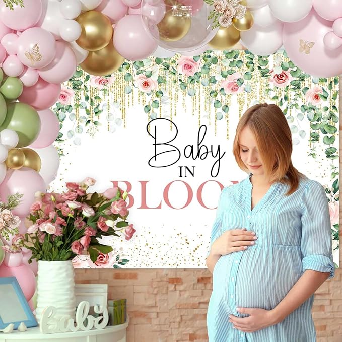 Sensfun Baby in Bloom Backdrop Green Leaves Pink Flowers Baby Shower Party Decorations Girls Greenery Floral Baby in Bloom Banner Gold Glitter Dots Photography Background Cake Table Supplies 7x5ft
