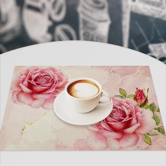 Pink Flower Placemats Set of 8, 17x12 Inch Romantic Watercolor Floral Rose Print Table Mats for Home Party Kitchen Dining Decor
