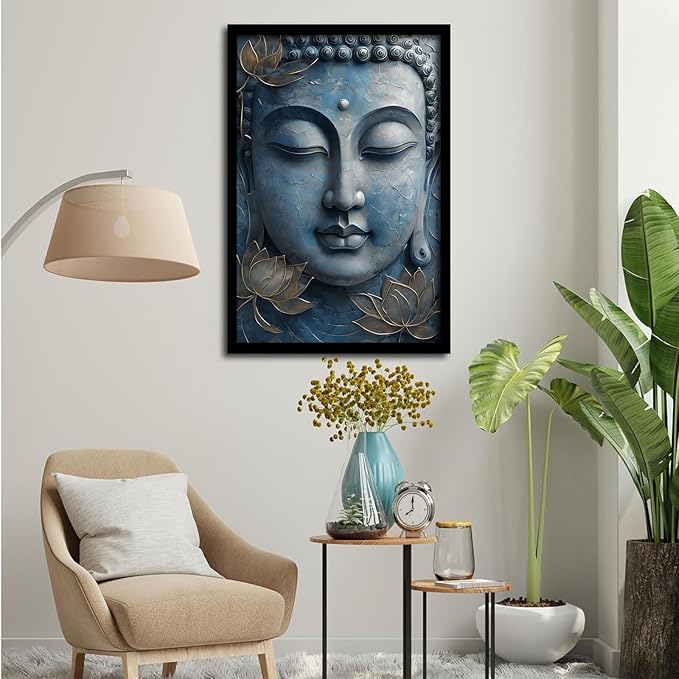 Canvas wall art Golden lotus crown Serene Buddha poster Ethereal blue toned art with delicate floral decor Zen wall art for a tranquil meditation space 12x18in Metal blackFramed