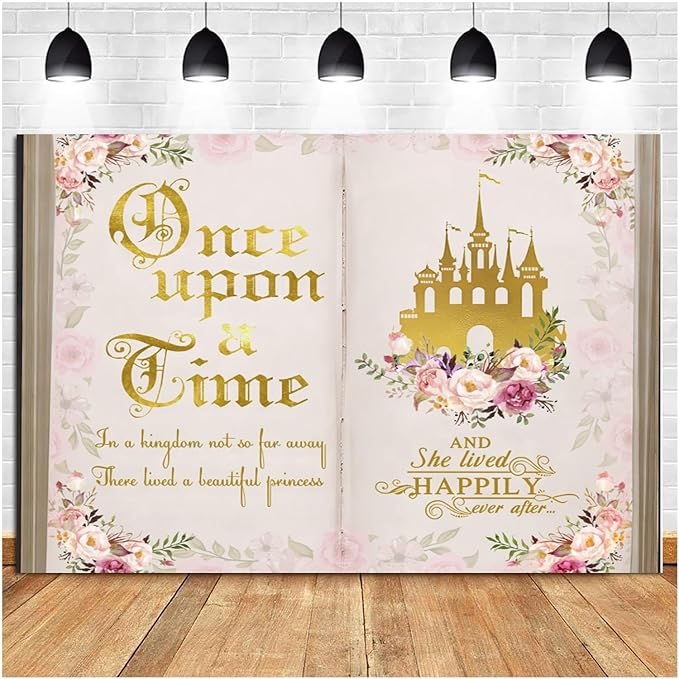 12x10ft Once Upon a Time Backdrop Pink Flower Gold Castle Photography Background Fairy Tale Books Floral Princess Girls Birthday Banner Decorations Fairytale Wedding Portrait Photo Booth Prop