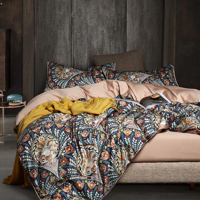 VM VOUGEMARKET Boho Duvet Cover Queen,Paisley Flower Printed Long Staple Cotton Duvet Cover with 2 Pillowcases,Retro Damask Medallion Bedding Set-3 Pieces 90"x90"