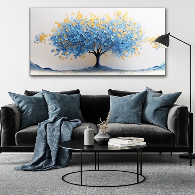 LAVIKARS Modern Tree of Life Wall Art for Living Room Office Navy Blue and Yellow Floral Abstract Landscape Canvas Painting Prints Large Nature Artwork Home Kitchen Bedroom Decor (20x40 Inches)