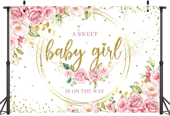 Sensfun Pink Floral Baby Girl Backdrop for Baby Shower Party Decorations Glitter Gold Watercolor Flower It's a Sweet Baby Girls Baby Shower Banner Photography Background Photo Booth Shoot Props 8x6ft