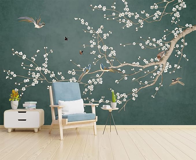 Plum Blossom Flower Bird Chinoiserie Wall Mural Wallpaper for Bedroom 137" x 100"