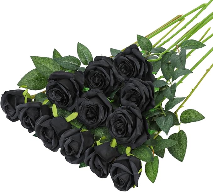 Hawesome Fake Roses Artificial Silk Flowers - 12 Pcs Black Roses Artificial Faux Flowers with Stems for Home Wedding Centerpiece Hotel Office Decor