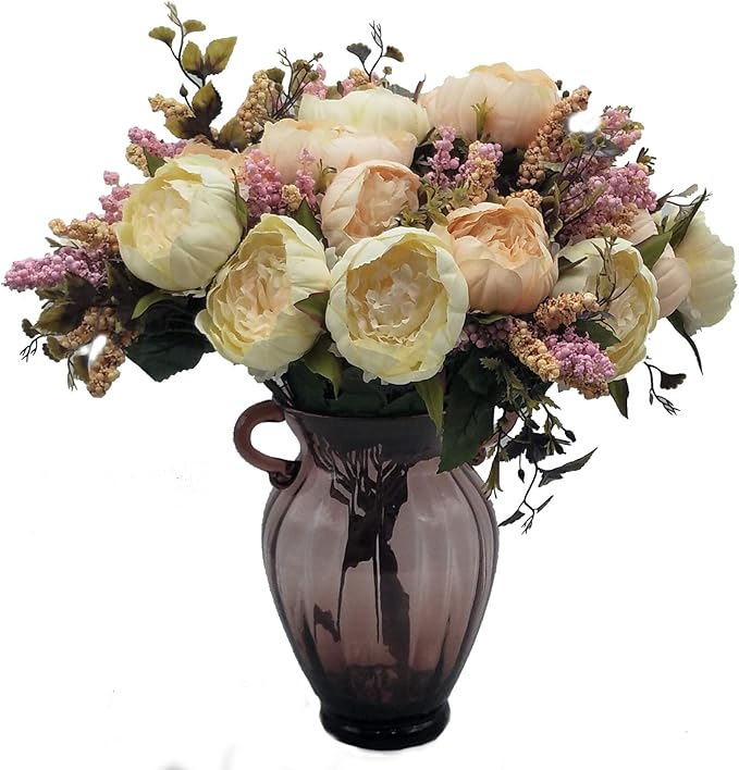 2pcs Artificial Peony Bouquets,19 Inch Silk Peony Bunch with 7 Faux Flowers,Classical Style Artificial Flowers with Leaves and Ornaments for Wedding,Home Décor Centerpieces(White)