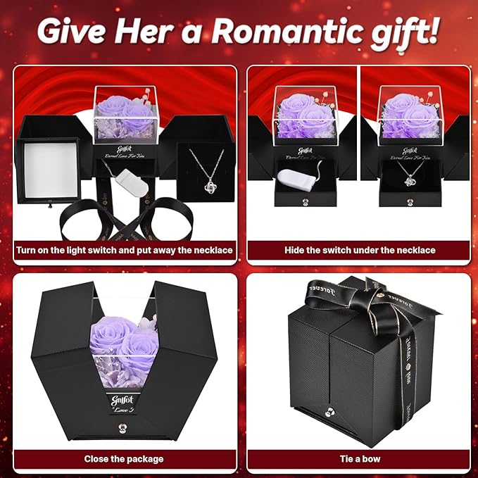 2 Preserved Rose Gift for Women - Eternal Rose with I Love You Necklace - Romantic Birthday Gifts for Girlfriend Mom Her Wife Grandma on Valentines Mothers Day Anniversary Christmas-Light Purple