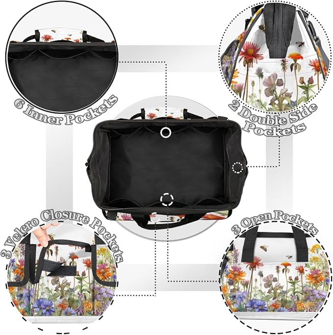 Wildflowers Floral Tool Bag for Men Women Multi-Pockets Wide Mouth Tool Storage Bags 14.8 Inch Waterproof Heavy Duty Tool Bag Organizer for Electrician Mechanic Plumbers Handymen