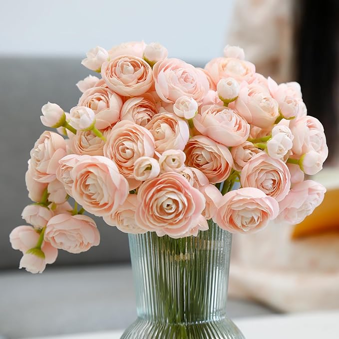 24 Pcs Ranunculus Artificial Flowers 10.5", Mini Faux Silk Ranunculus with Stem, Fake Flowers for Home Decor Indoor Wedding Bouquets Centerpieces (Blush Pink)