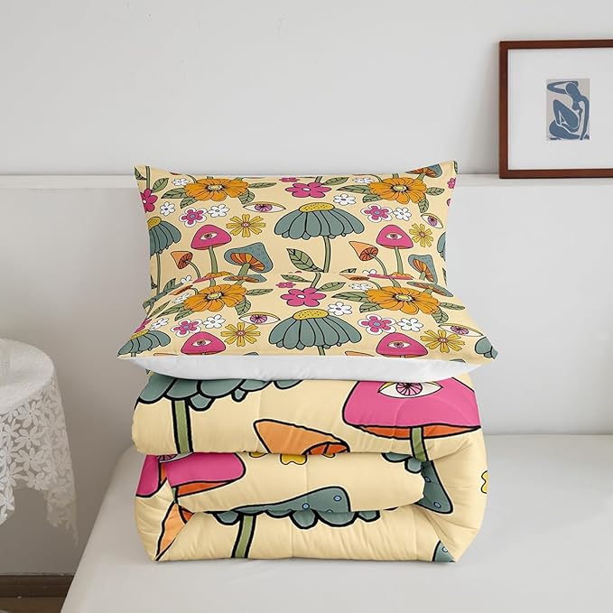 Castle Fairy 70s Retro Floral Twin Size Comforter Set,Hippie Flowers Leaves Duvet Set for Kids Boys Bedroom,Cartoon Eyes Mushroom Soft Microfiber Bedding Comforters,2 Pcs