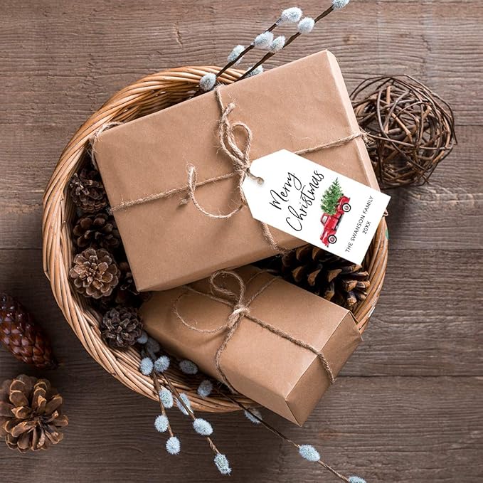 Andaz Press Personalized Christmas Holiday Season Classic Gift Tags, Merry Christmas Custom Family Name and Year, Vintage Truck with Christmas Tree Design, Holiday Events, Parties, Favors, 60-Pack