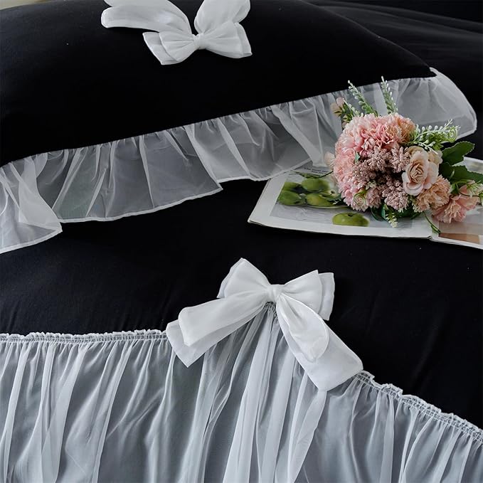Girls Lace Bedding,Queen Comforter Cover Set, Chic Ruffled Duvet Cover with Lovely Bow,Princess Style 1 Duvet Cover with 2 Pillowcases, No Comforter-Black,Full Size