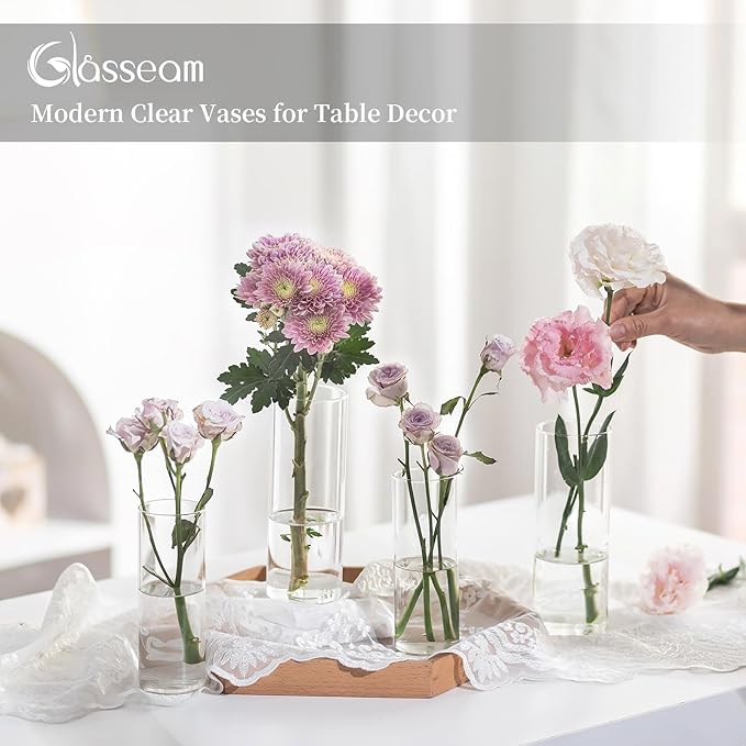 Glasseam Glass Cylinder Vase in Bulk: 32pcs Clear Small Bud Flower Vases for Centerpieces - Modern Hurricane Pillar or Floating Candle Holder for Wedding Party Table Living Room Home Decor, Tall 6"+7"
