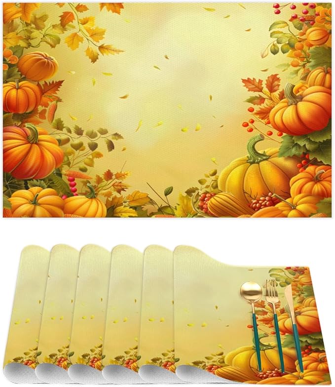 Thanksgiving Fall Yellow Pumpkin Placemats Set of 4 PVC Vinyl Non Slip Table Mats Heat Resistant Place Mats Washable Wipeable Dining Table Mat for Kitchen Decor Party Indoor Outdoor Decorative Gift