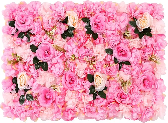 Pink Flower Wall Flower Backdrop Artificial Flower Wall Backdrop 3D Floral Panels for Home Party Wedding Room Decoration 12 Pcs (60x40cm/Deep Pink)