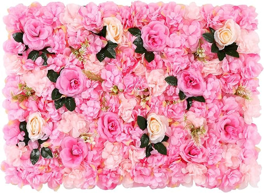 12 Pcs Artificial Flower Wall Panels, 24"x16" 3D Pink Silk Dahlia Hydrangea Rose Flowers Wall Backdrop Artificial Silk Fabric Flower Banquet Wedding Party Decor for Stage Background (Type 2)