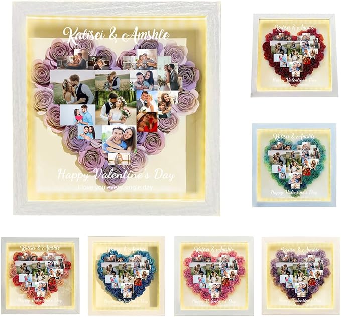 Personalized Photo Flower Shadow Box with LED Light Custom Heart Picture Collage Rose Flower Shadow Box Frame Memory Rose Display Case Gifts for Valentine's Day Christmas Birthday