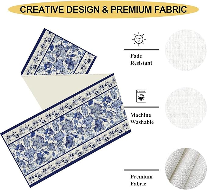 Blue Floral Table Runner, Rustic Vintage Paisley Floral Retro Boho Art Linen Coffee Table Center Decor for Family Kitchen Farmhouse Holiday Party Table Decorations Indoor Outdoor 13x72 inch