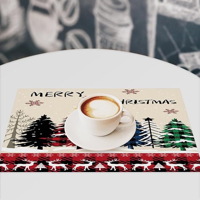 Christmas Placemats Rustic Farmhouse Red Buffalo Plaid Elk Christmas Tree Winter Snowflake Placemats Table Kitchen Dining Party 12x18 Inch Set of 6