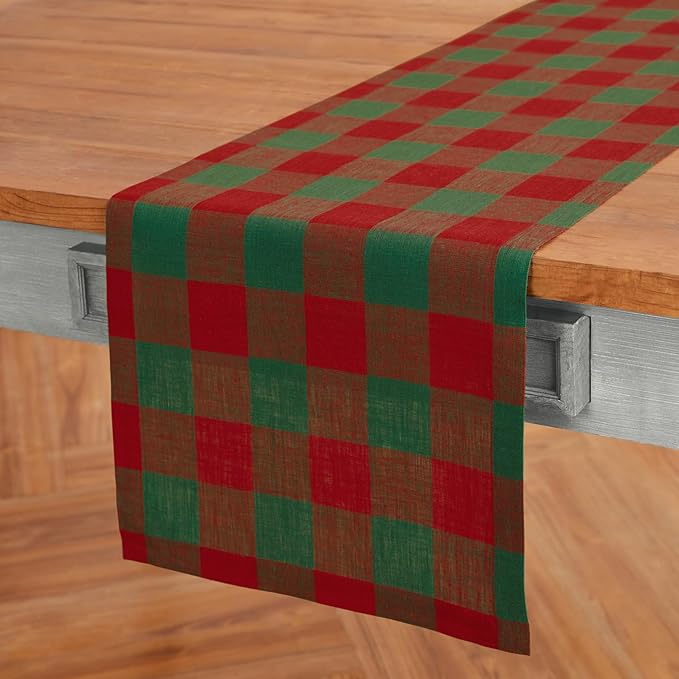 Solino Home Linen Checkered Table Runners 90 Inches Long - 100% Pure Linen Buffalo Check Red and Green Table Runner 14 x 90 Inch Ideal for Dining, Winter