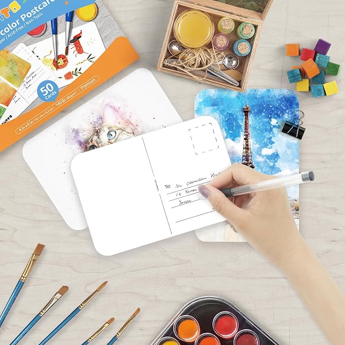 Funto Blank Watercolor Paper Postcards, 50 Cards, 4x6, 140lb/300gsm, Acid-Free Heavyweight Art Paper for Thank You Notes & Greeting Cards