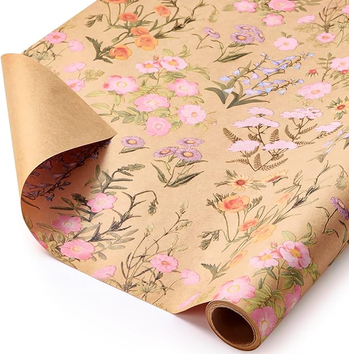 WERNNSAI Kraft Floral Wrapping Paper Roll - 1 Roll 17”x 9.84 ft Wild Flower Gift Wrap Paper Spring Summer Flower Gift Packing for Girls Women Birthdays Weddings Bridal Shower Party Decor