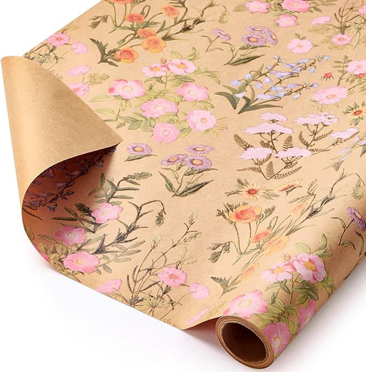 WERNNSAI Kraft Floral Wrapping Paper Roll - 1 Roll 17”x 9.84 ft Wild Flower Gift Wrap Paper Spring Summer Flower Gift Packing for Girls Women Birthdays Weddings Bridal Shower Party Decor