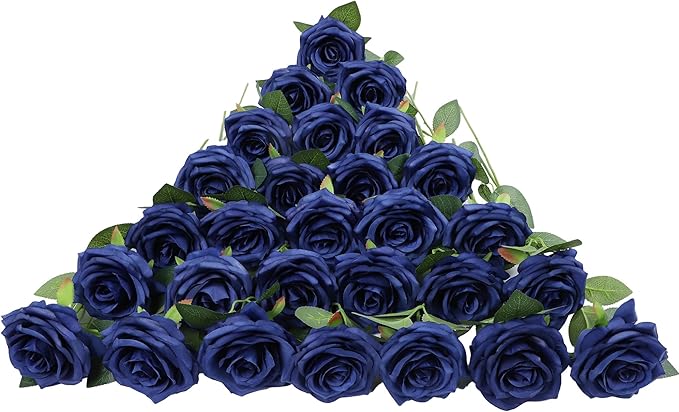 Artificial Rose Flower Navy Blue Flowers Navy Blue Roses Silk Flowers 30 pcs with Long Stem Silk Roses Bouquet for Wedding Bridal Shower Party Home Decoration