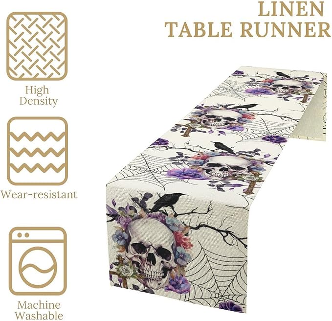 Gothic Floral Table Runner, Retro Dark Skull Spider Web Crow Flower Halloween Witchy Coffee Table Center Decor for Home Kitchen Dining Patio Holiday Party Table Decorations 13x108 inches