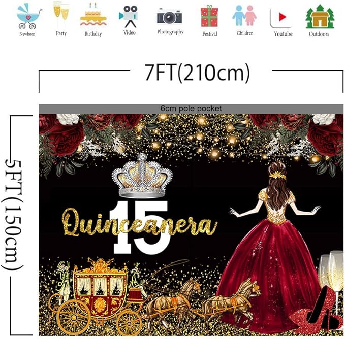 Red Dress Rose Flower Backdrops Quinceanera Birthday Backdrop for Girl Princess Happy 15th Bday Carriage Photography Props Cake Table Banner 7x5ft MBJLSLU37
