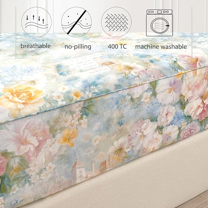 Zusbest Queen Sheet Set Luxury Floral Bed Sheets 100% Cotton, Satin Weave Soft Breathable for Hot Sleepers Romantic Peony Flowery Printed Cottagecore Bedding Deep Pocket Fitted Sheet 17.5‘', 4Pcs