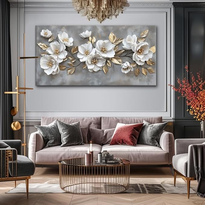 LAVIKARS Modern Gray Flowers Wall Art for Living Room Office White and Golden Floral Landscape Canvas Painting Prints Large Delicate Petals Artwork Kitchen Home Bedroom Decor (28x58 Inches)