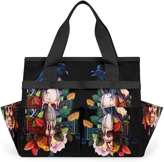 Garden Tool Tote Bag for Women Men Raven Skull Rose Gardening Tool Storage Bags with 10 Pockets Standable Garden Home Tool Kits Organizer for Indoor Outdoor Gardening Gifts