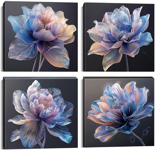 Pankila Blue Flower Wall Art for Living Room Bedroom Bathroom Floral Poster Abstract Canvas Flowers Wall Decor Life Pictures Home Decorations Framed Artwork Ready to Hang (24''W x 24''H x 4)