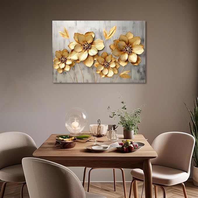 KPLUNDO Canvas Prints Wall Art Gold Flower Picture Gray Poster Landscape Painting Aesthetics Artwork Home Decor for Living Room Kitchens Decoration Gallery Wrap Ready to Hang(Art-2,28.00x42.00 inch)