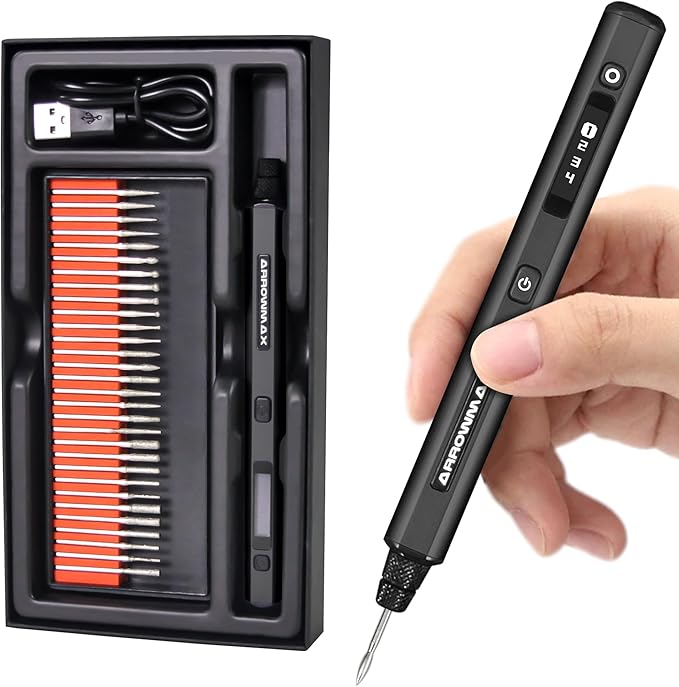 AM ARROWMAX Mini Engraving Pen: Ultimate Cordless Portable Tool for Artists & DIYers - Engrave 50+ Surfaces - Beginner Friendly - Engraving Pen for Bead, Metal, Wood, Glass and Plastic,Black