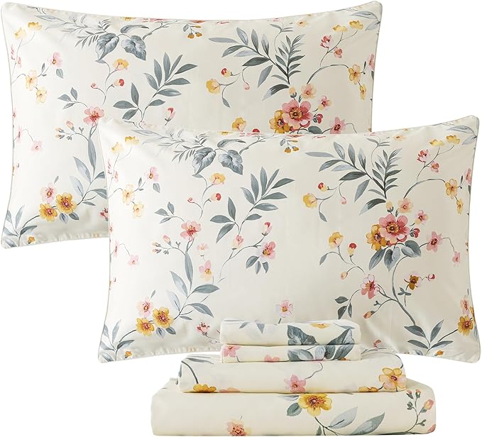 FADFAY Floral Sheets Set Cal King Vintage Pink Floral Bedding Shabby Beige Sheets Rustic Farmhouse Bedding 800 Thread Count 100% Egyptian Cotton Deep Pocket Fitted Sheet 4Pcs, California King Size