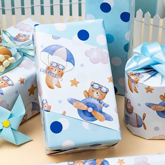 Homeral Baby Shower Wrapping Paper Roll - Adorable Blue Pilot Bear Design, Reversible Gift Wrap for Boys Birthday, Gender Reveal - Stars, Dots, Airplane and Parachute - 17 Inch x 16.5 Feet