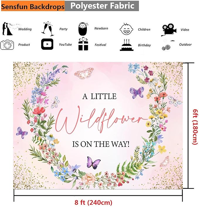 Sensfun Wildflower BabyShower Decorations,A Little Wildflower is On Way Baby Shower Backdrop Banner,Pink Wild Flowers Floral Theme Background for Girls Baby Shower Party Decor Photo Booth Props 8x6ft